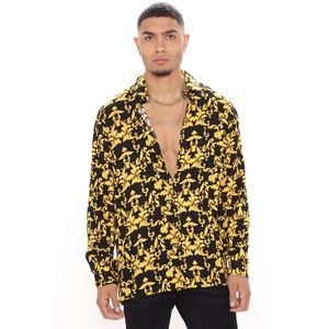 Gold Leaf Long Sleeve Woven Top - Black/Yellow